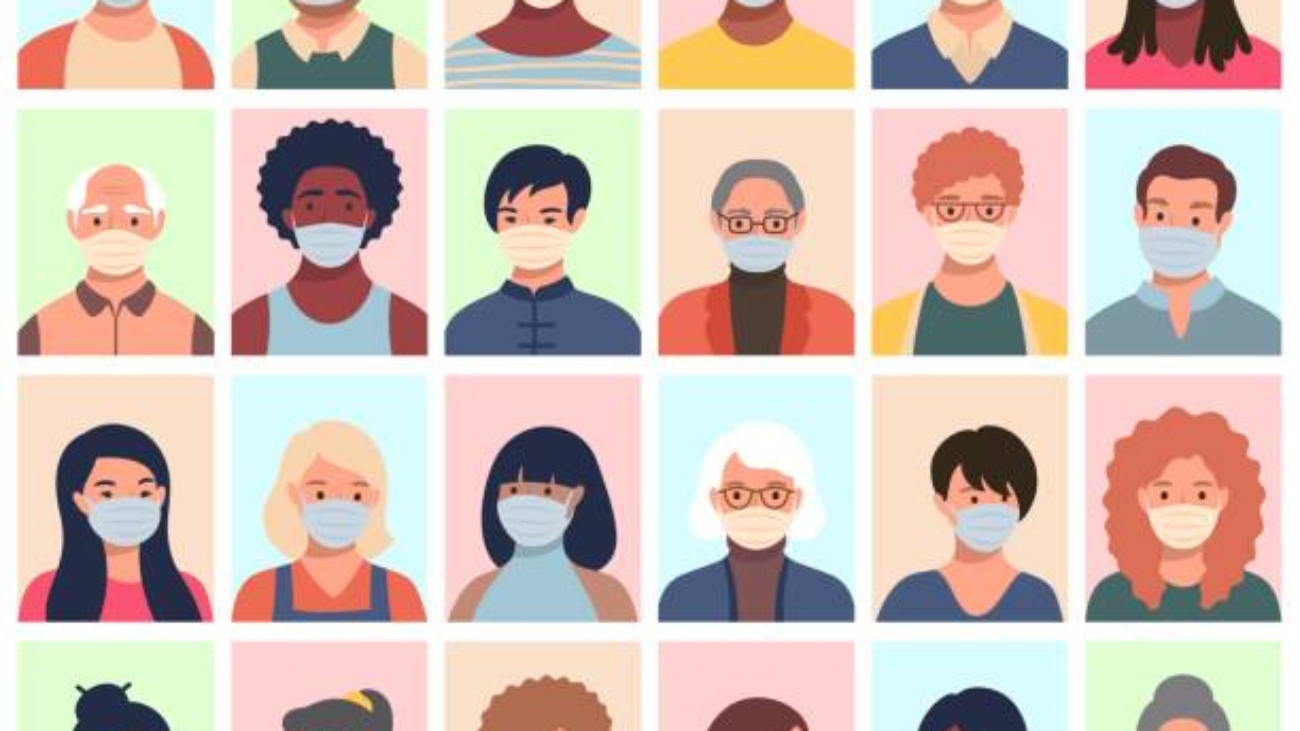 Vector set of persons, avatars, people heads of different ethnicity and age in protective masks. Men and women in flat style following recommendations for the prevention of coronavirus.