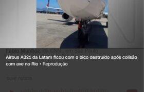 Avião da Latam fica com o bico destruído após colisão com ave no RioAirbus A321 que iria para Guarulhos (SP) teve de voltar para o Galeão logo depois da decolagem