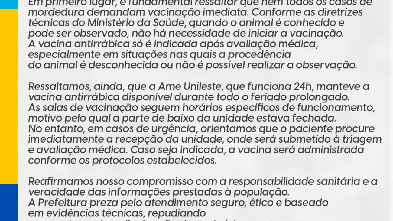 NOTA OFICIAL - VACINAÇÃO ANTIRRÁBICA